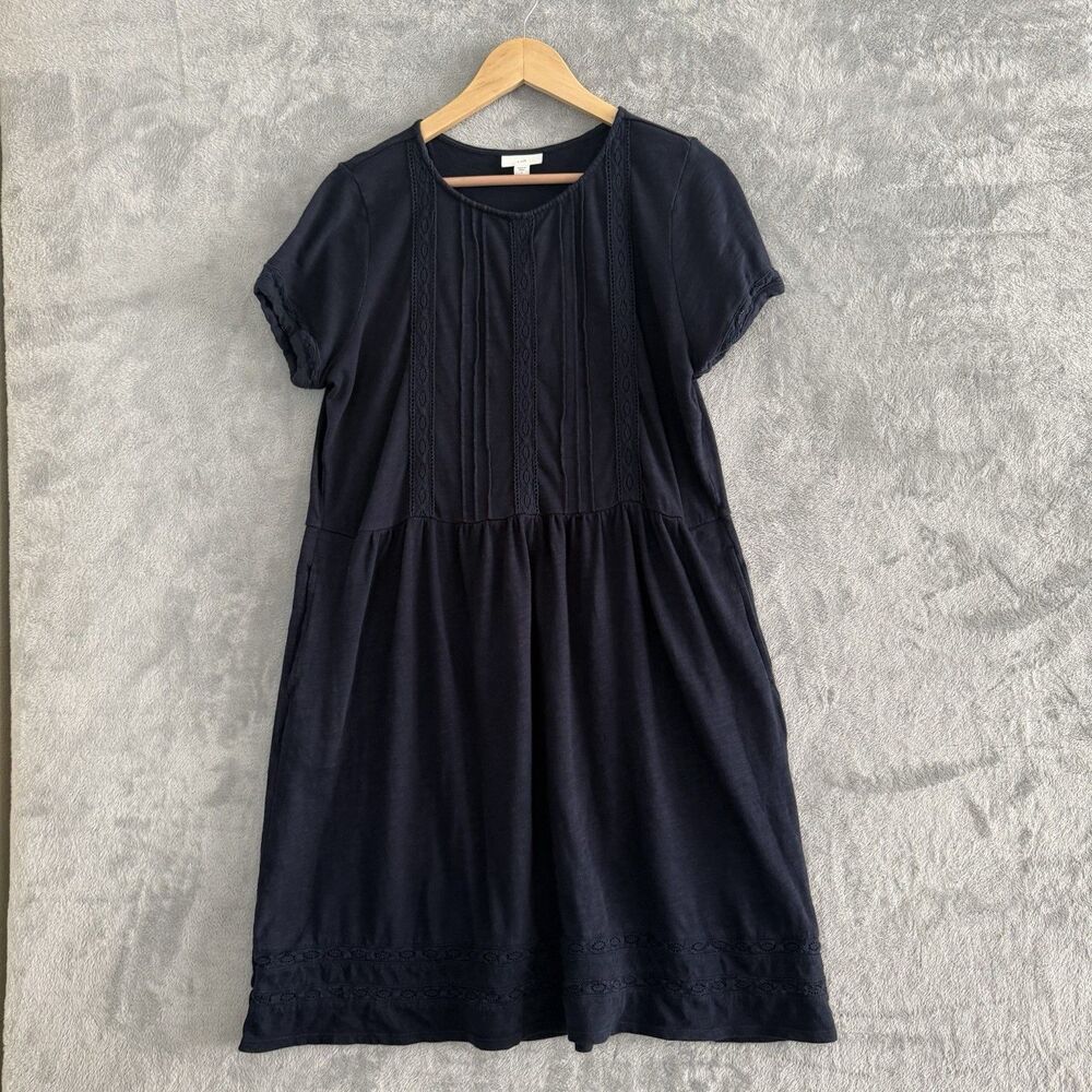 J. Jill Dress Womens Large Navy Blue Babydoll Crochet Trim Pullover Cottagecore